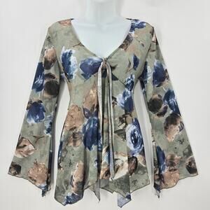 Women Vtg Y2K Forest Fairy Whimsy Boho Babydoll Bell Sleeve Hankerchief Top L